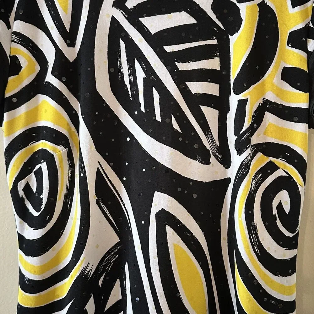 Cache Black White Yellow Leaf Short Sheath Lined Dress Sequin Size 4 *READ* - Picture 4 of 12